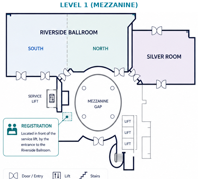 Level 1 map showing Riverside Ballroom, Silver Room, lifts and registration in front of the service lift near the Riverside Ballroom entrance